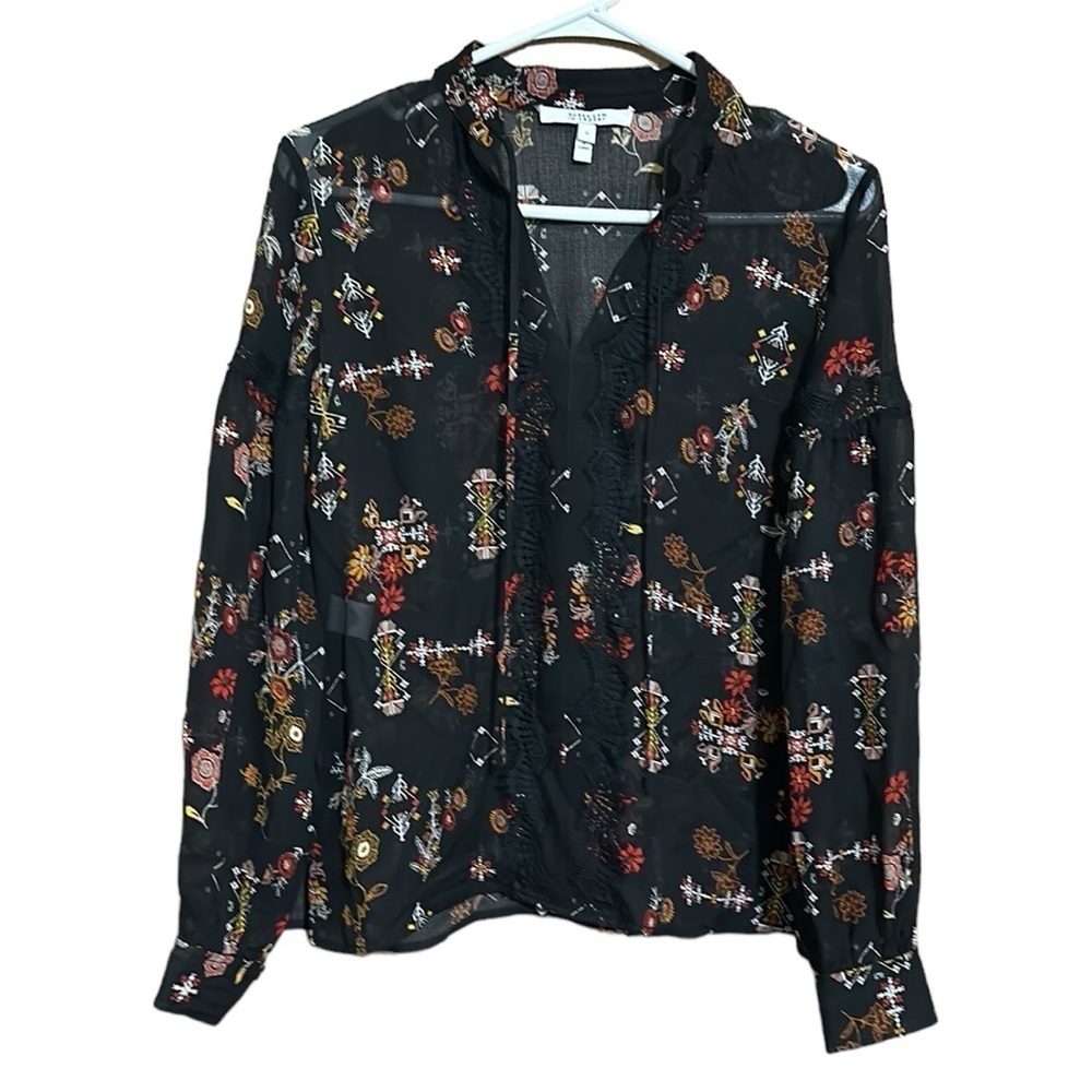 Derek Lam 10 Crosby Black Floral Silk Tie-Neck Long-Sleeve Blouse Size 0